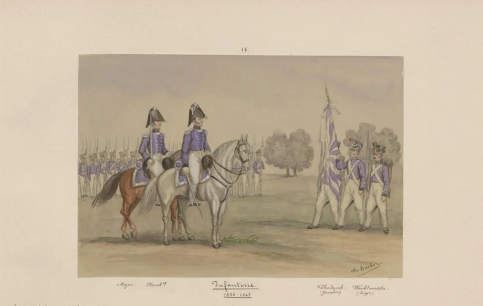Die Offiziere zu Pferd zusammen mit ihrer Truppe: ein Aquarell aus der Reihe Zürcher Infanterie 1830 bis 1847.